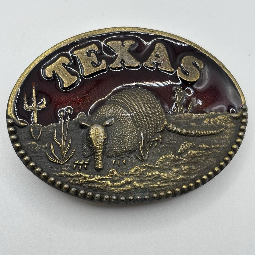 70s Koleaco Texas Armadillo Belt Buckle Brass Enamel USA Western Cowboy Rodeo